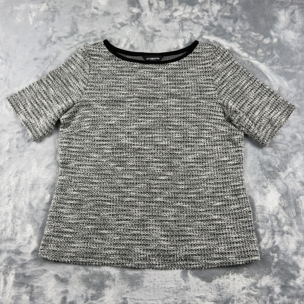 Liz Claiborne Career Black White Tweed Knit Boat Neck Short Sleeve Top Medium